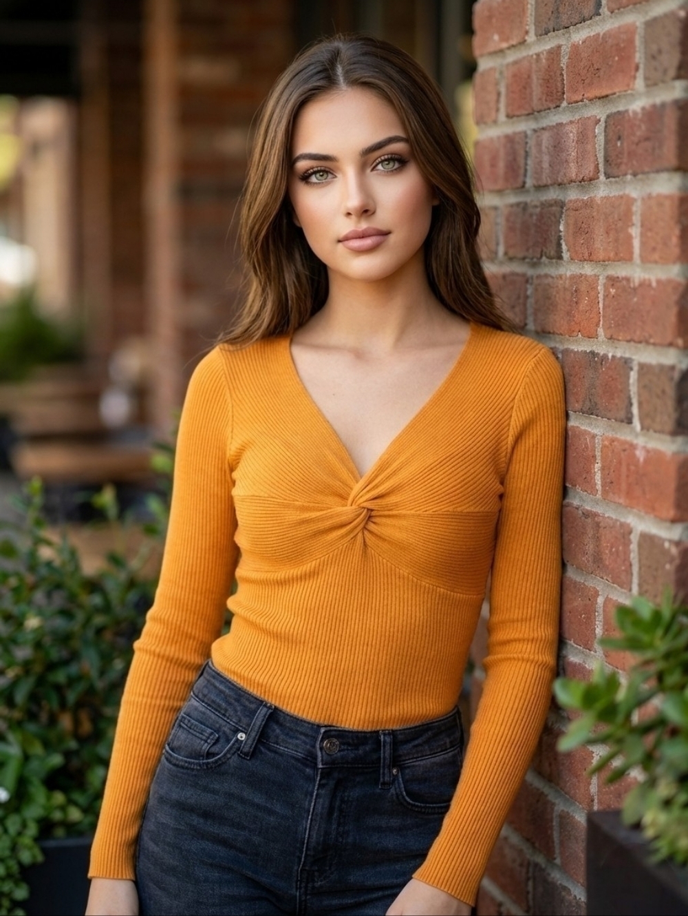 No Boundaries XL Gold Yellow Ribbed Long Sleeve V-neck Top